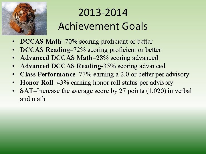 2013 -2014 Achievement Goals • • DCCAS Math– 70% scoring proficient or better DCCAS