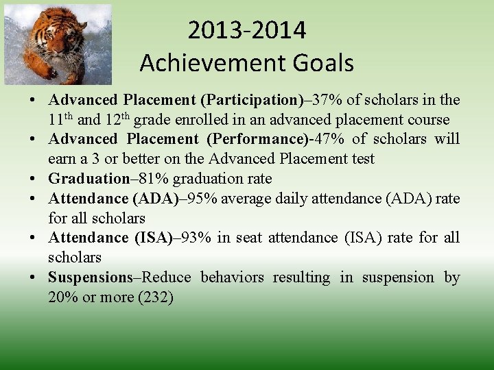 2013 -2014 Achievement Goals • Advanced Placement (Participation)– 37% of scholars in the 11