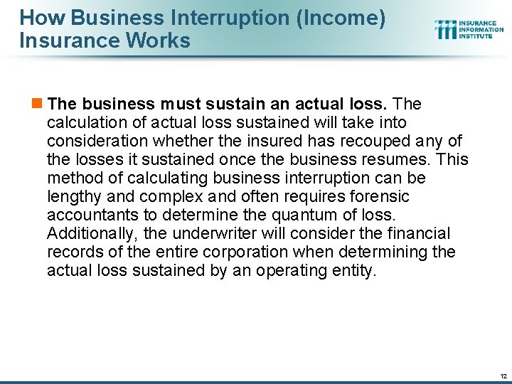 How Business Interruption (Income) Insurance Works n The business must sustain an actual loss. How Business Interruption (Income) Insurance Works n The business must sustain an actual loss.