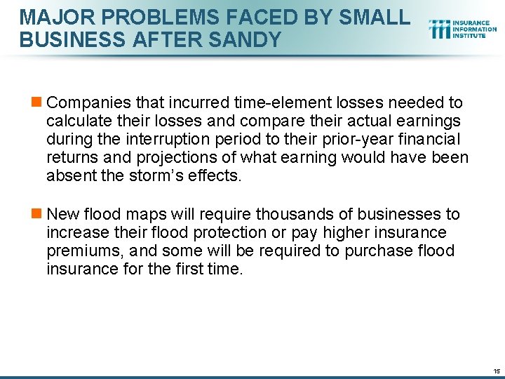 MAJOR PROBLEMS FACED BY SMALL BUSINESS AFTER SANDY n Companies that incurred time-element losses MAJOR PROBLEMS FACED BY SMALL BUSINESS AFTER SANDY n Companies that incurred time-element losses