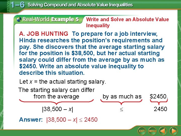 Write and Solve an Absolute Value Inequality A. JOB HUNTING To prepare for a