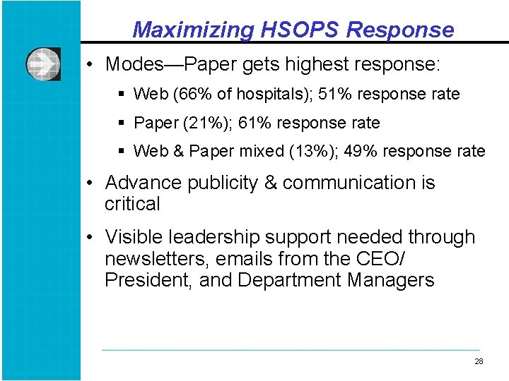 Maximizing HSOPS Response • Modes—Paper gets highest response: § Web (66% of hospitals); 51%