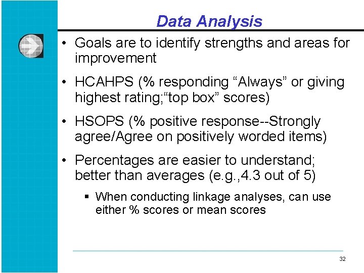 Data Analysis • Goals are to identify strengths and areas for improvement • HCAHPS