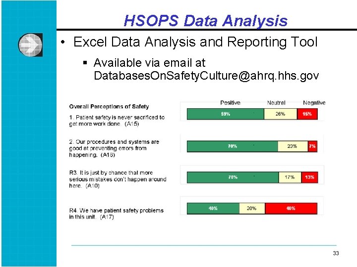 HSOPS Data Analysis • Excel Data Analysis and Reporting Tool § Available via email