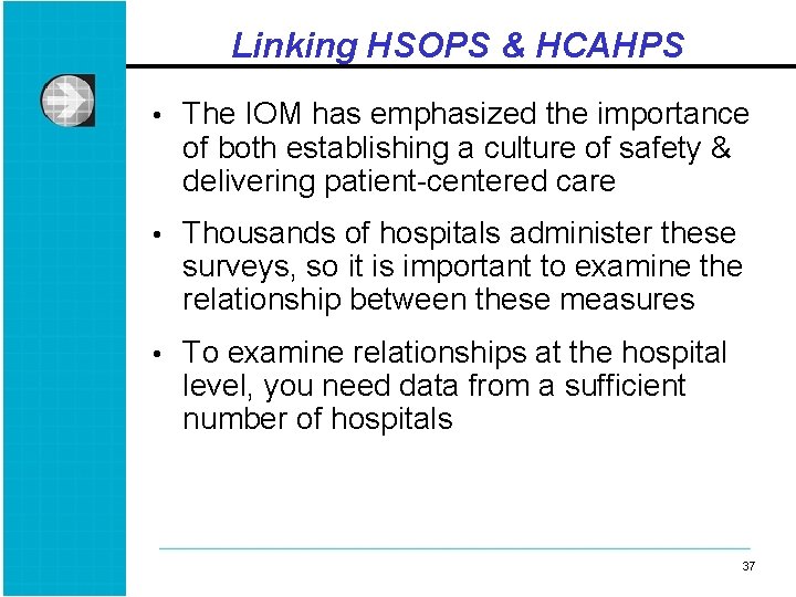 Linking HSOPS & HCAHPS • The IOM has emphasized the importance of both establishing