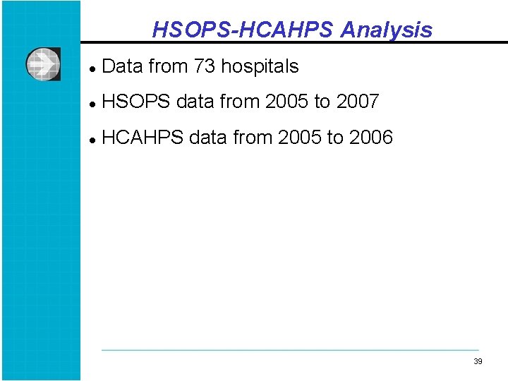 HSOPS-HCAHPS Analysis l Data from 73 hospitals l HSOPS data from 2005 to 2007