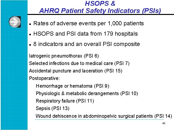 HSOPS & AHRQ Patient Safety Indicators (PSIs) l Rates of adverse events per 1,