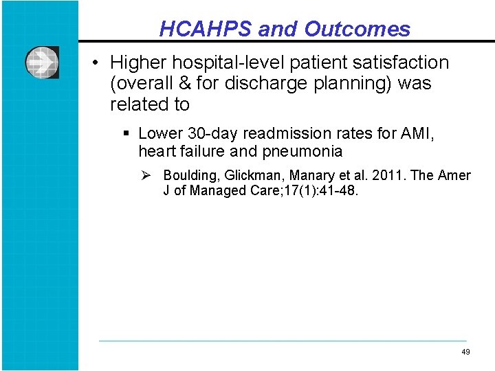 HCAHPS and Outcomes • Higher hospital-level patient satisfaction (overall & for discharge planning) was