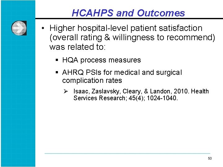 HCAHPS and Outcomes • Higher hospital-level patient satisfaction (overall rating & willingness to recommend)