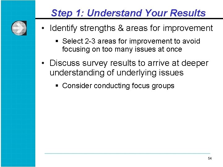 Step 1: Understand Your Results • Identify strengths & areas for improvement § Select