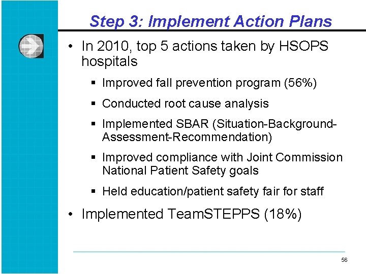 Step 3: Implement Action Plans • In 2010, top 5 actions taken by HSOPS