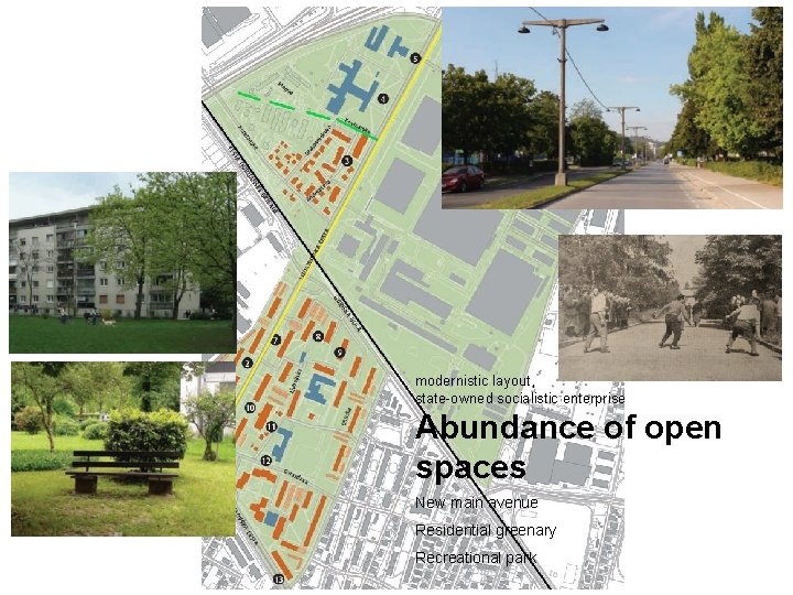 modernistic layout, state-owned socialistic enterprise Abundance of open spaces New main avenue Residential greenary