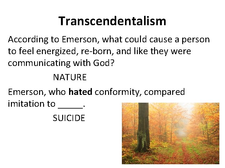 Transcendentalism According to Emerson, what could cause a person to feel energized, re-born, and