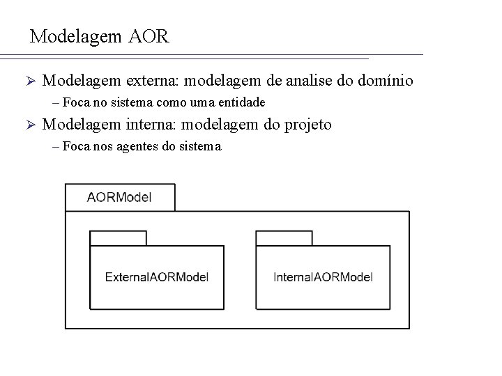 Modelagem AOR Ø Modelagem externa: modelagem de analise do domínio – Foca no sistema