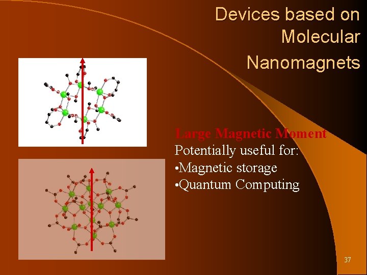 Devices based on Molecular Nanomagnets Large Magnetic Moment Potentially useful for: • Magnetic storage