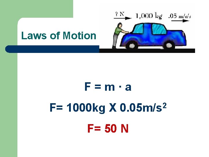 Laws of Motion F=m·a F= 1000 kg X 0. 05 m/s 2 F= 50