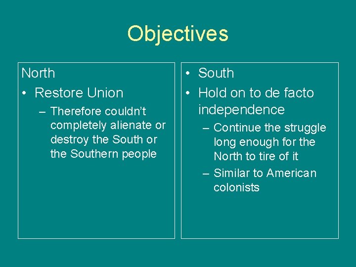Objectives North • Restore Union – Therefore couldn’t completely alienate or destroy the South