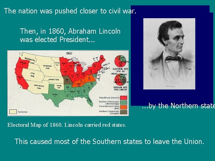 The nation was pushed closer to civil war. Then, in 1860, Abraham Lincoln was