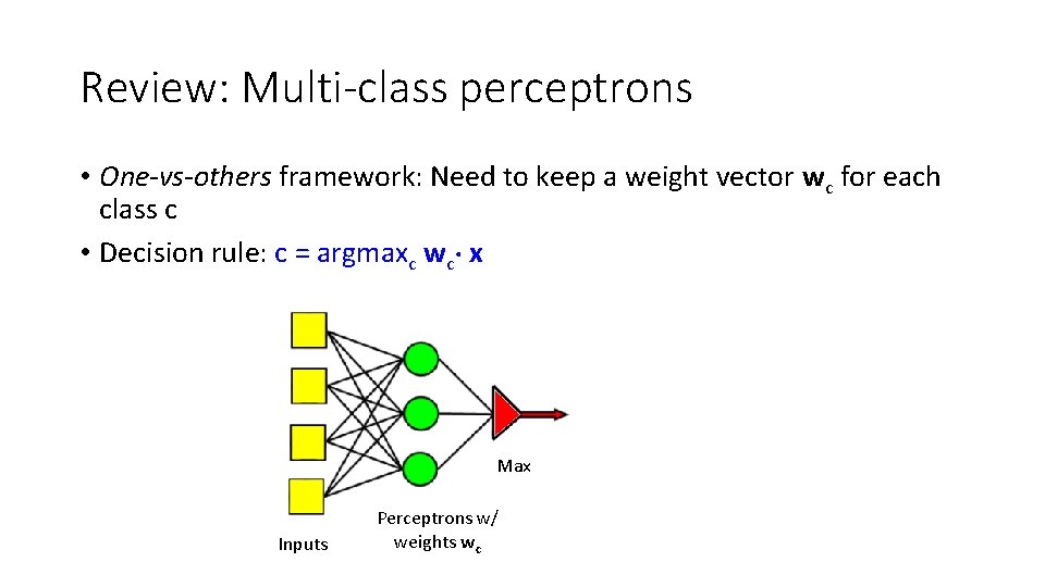 Review: Multi-class perceptrons • One-vs-others framework: Need to keep a weight vector wc for Review: Multi-class perceptrons • One-vs-others framework: Need to keep a weight vector wc for