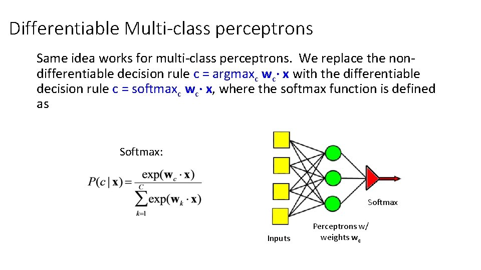 Differentiable Multi-class perceptrons Same idea works for multi-class perceptrons. We replace the nondifferentiable decision Differentiable Multi-class perceptrons Same idea works for multi-class perceptrons. We replace the nondifferentiable decision