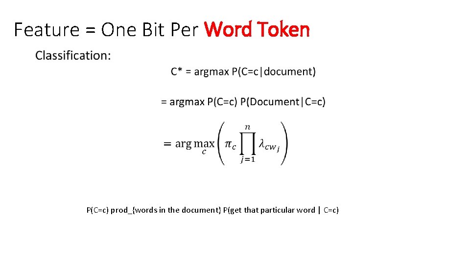 Feature = One Bit Per Word Token • P(C=c) prod_{words in the document} P(get Feature = One Bit Per Word Token • P(C=c) prod_{words in the document} P(get