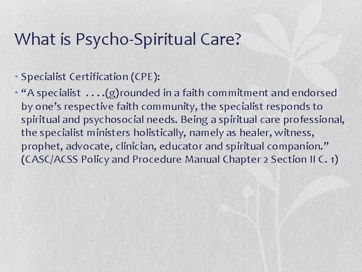 What is Psycho-Spiritual Care? • Specialist Certification (CPE): • “A specialist. . (g)rounded in