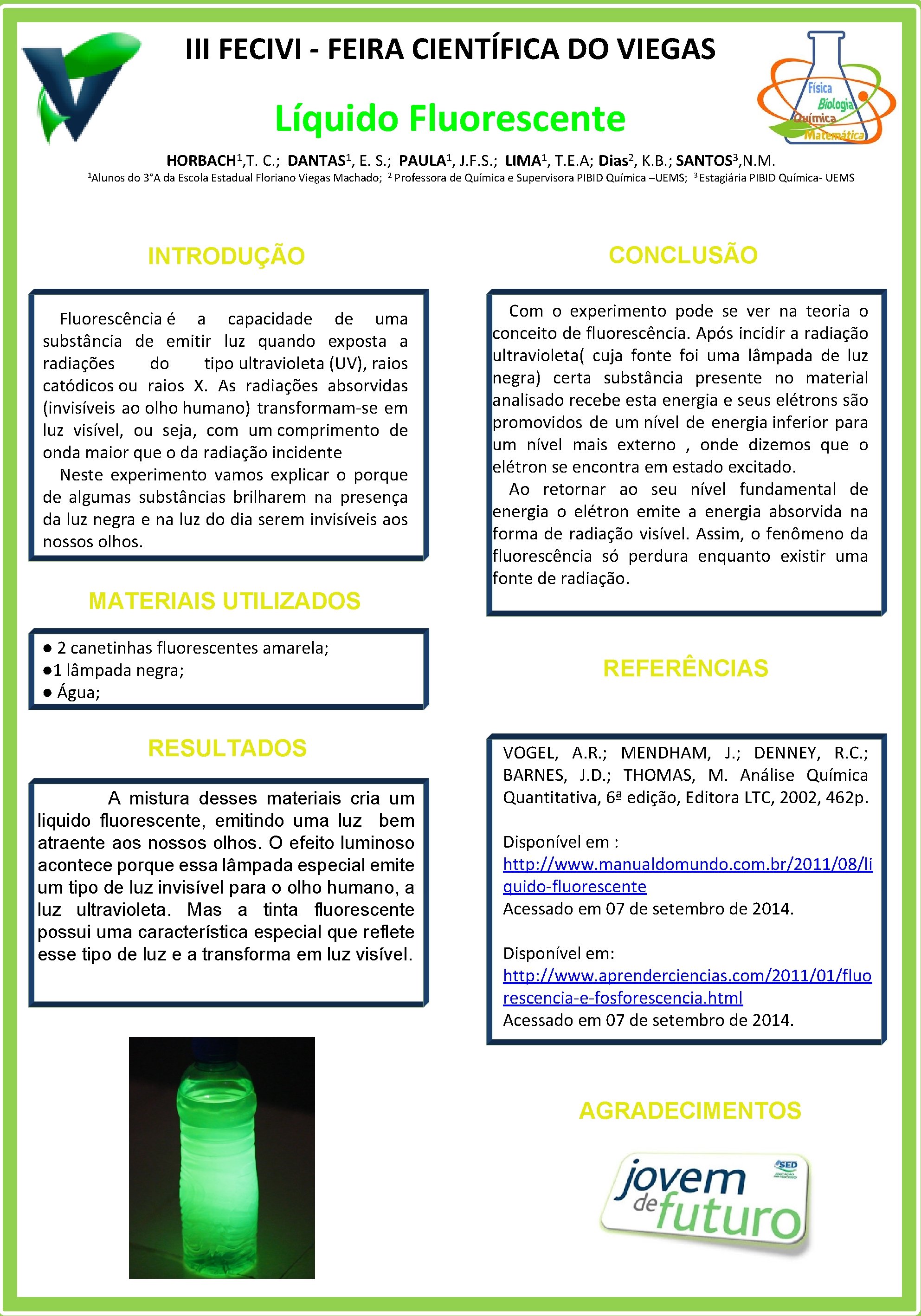 III FECIVI - FEIRA CIENTÍFICA DO VIEGAS Líquido Fluorescente 1 Alunos HORBACH 1, T.