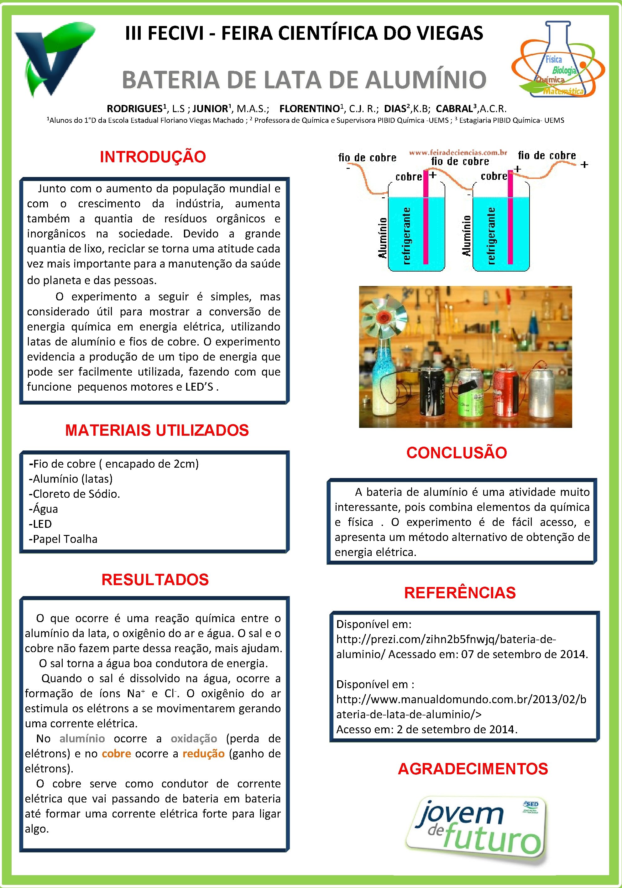 III FECIVI - FEIRA CIENTÍFICA DO VIEGAS BATERIA DE LATA DE ALUMÍNIO 1 Alunos