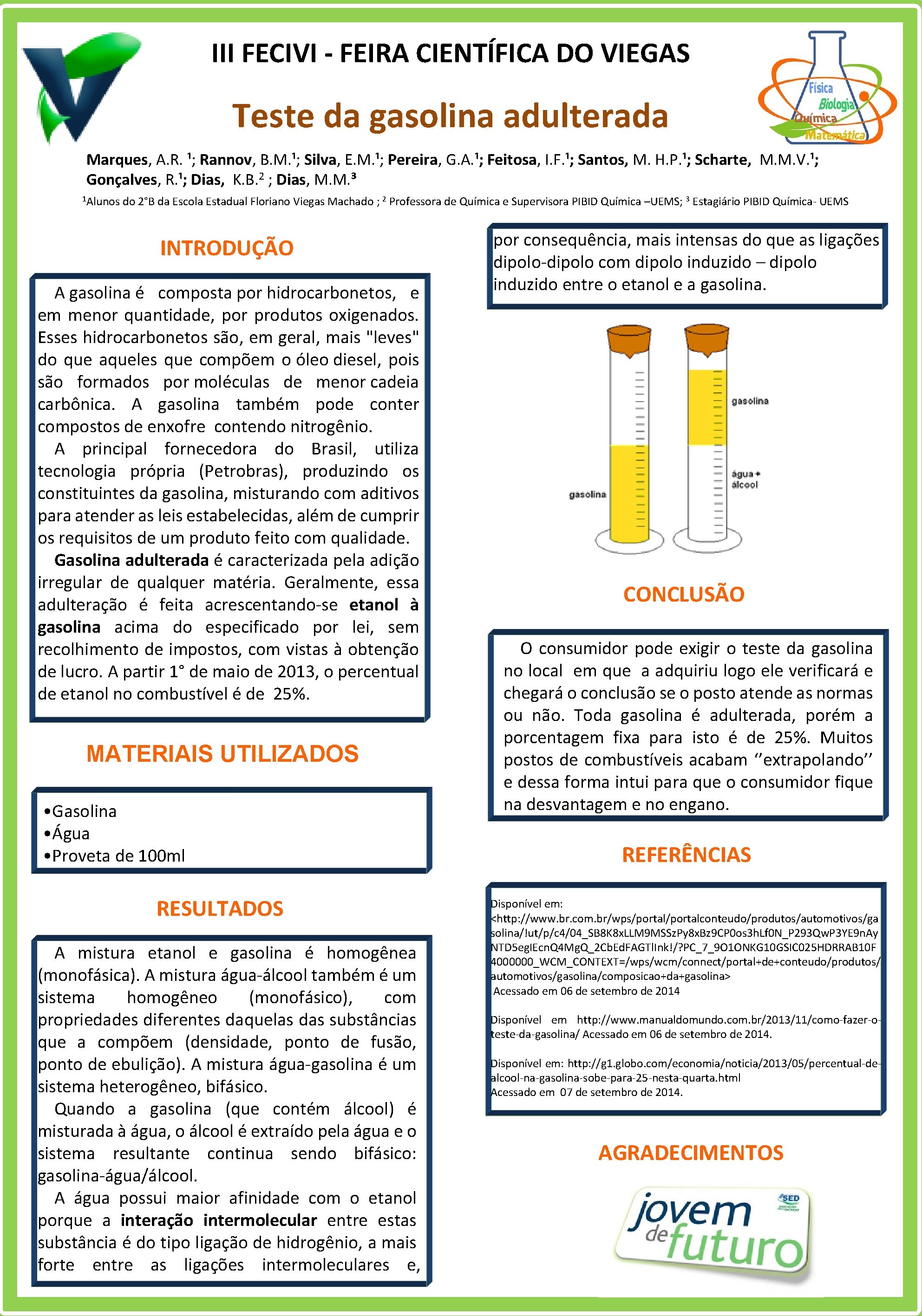 III FECIVI - FEIRA CIENTÍFICA DO VIEGAS Teste da gasolina adulterada Marques, A. R.