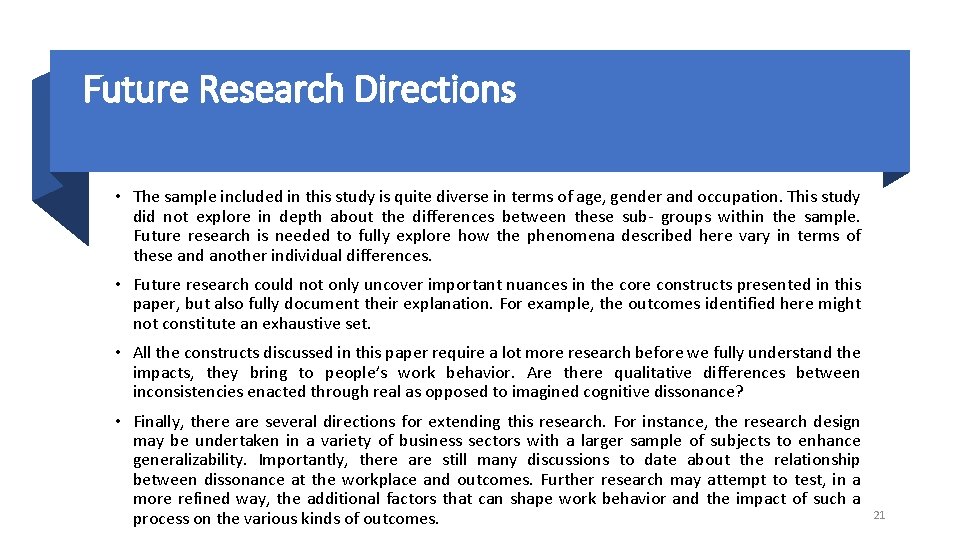 Future Research Directions • The sample included in this study is quite diverse in