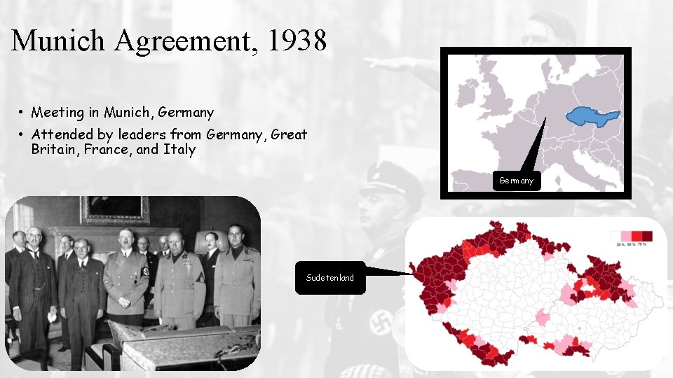 Munich Agreement, 1938 • Meeting in Munich, Germany • Attended by leaders from Germany,