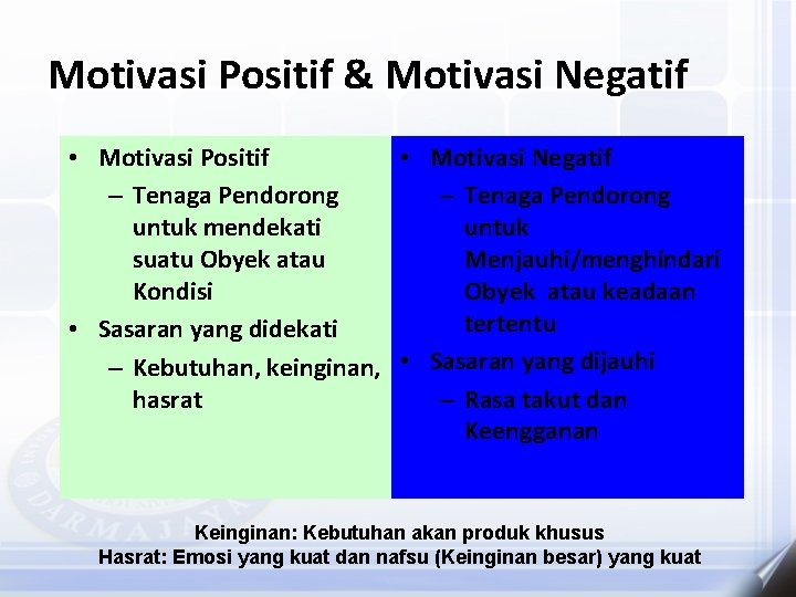 Motivasi Positif & Motivasi Negatif • Motivasi Positif • Motivasi Negatif – Tenaga Pendorong