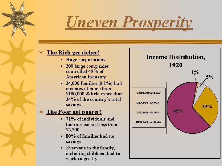 Uneven Prosperity ¬ The Rich get richer! • Huge corporations • 200 large companies
