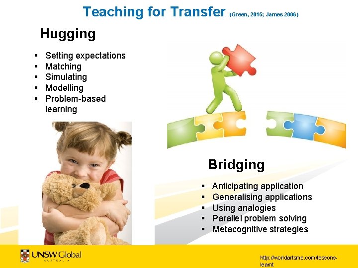 Teaching for Transfer (Green, 2015; James 2006) Hugging § § § Setting expectations Matching