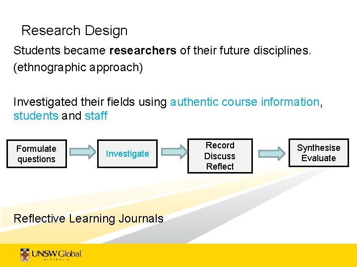 Research Design Students became researchers of their future disciplines. (ethnographic approach) Investigated their fields
