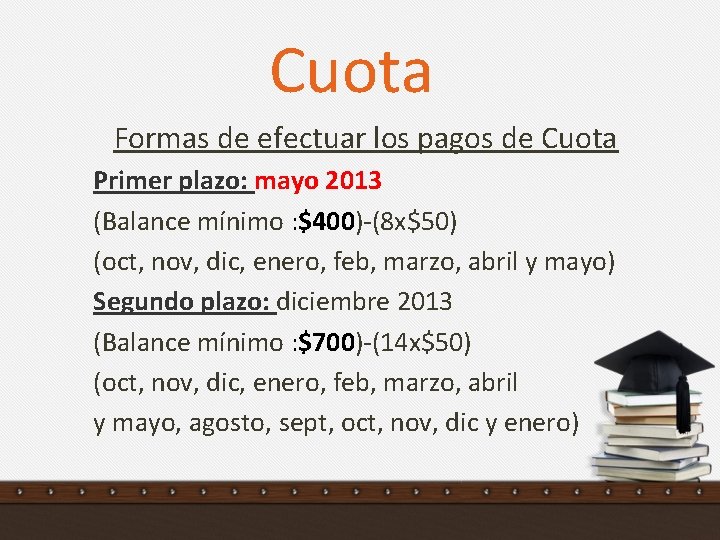 Cuota Formas de efectuar los pagos de Cuota Primer plazo: mayo 2013 (Balance mínimo