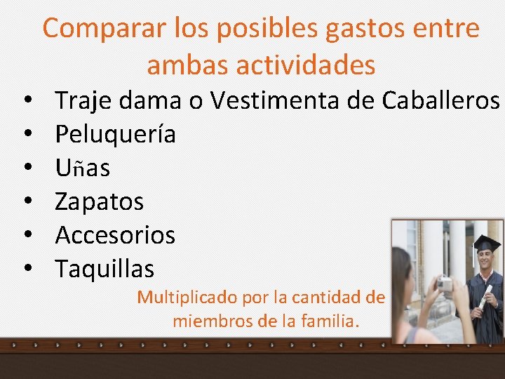 Comparar los posibles gastos entre ambas actividades • • • Traje dama o Vestimenta