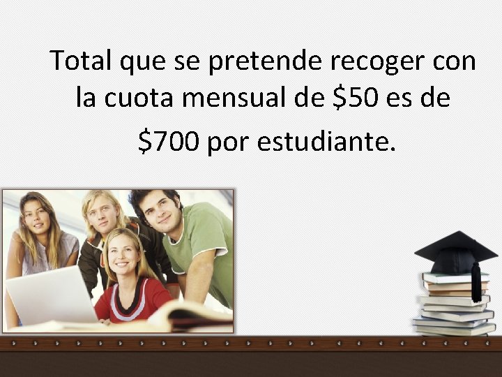 Total que se pretende recoger con la cuota mensual de $50 es de $700