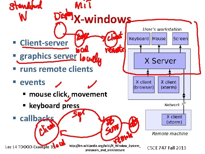 X-windows § § Client-server graphics server runs remote clients events § mouse click, movement