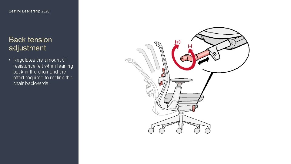 Seating Leadership 2020 Back tension adjustment • Regulates the amount of resistance felt when