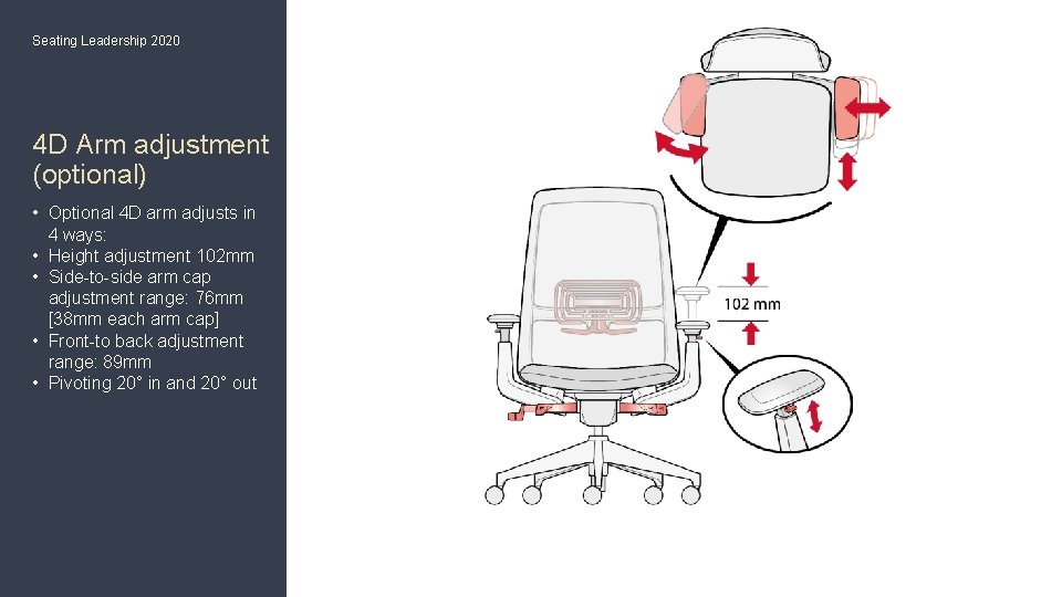 Seating Leadership 2020 4 D Arm adjustment (optional) • Optional 4 D arm adjusts
