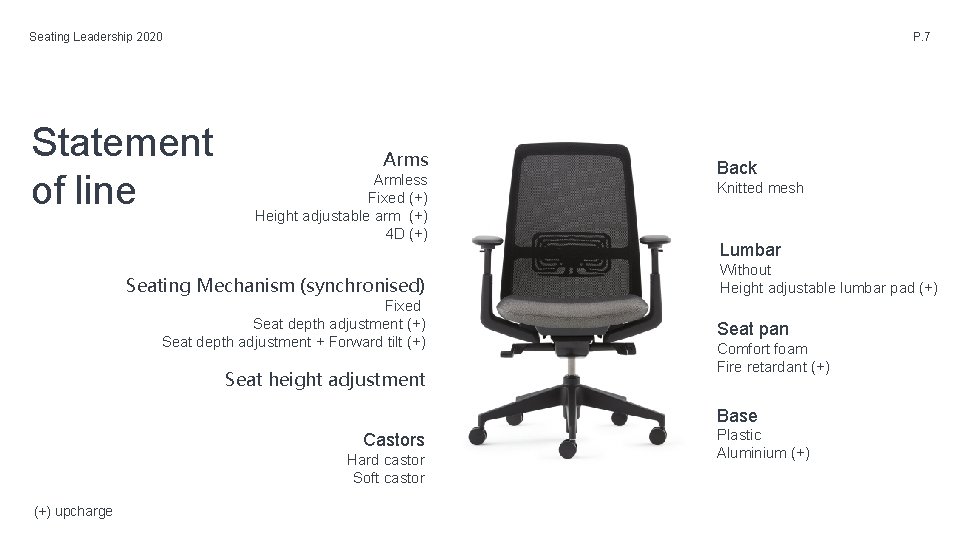 Seating Leadership 2020 Statement of line P. 7 Arms Armless Fixed (+) Height adjustable