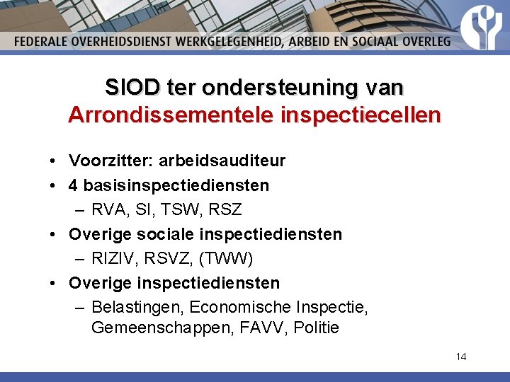 SIOD ter ondersteuning van Arrondissementele inspectiecellen • Voorzitter: arbeidsauditeur • 4 basisinspectiediensten – RVA, SIOD ter ondersteuning van Arrondissementele inspectiecellen • Voorzitter: arbeidsauditeur • 4 basisinspectiediensten – RVA,