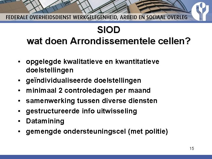 SIOD wat doen Arrondissementele cellen? • opgelegde kwalitatieve en kwantitatieve doelstellingen • geïndividualiseerde doelstellingen SIOD wat doen Arrondissementele cellen? • opgelegde kwalitatieve en kwantitatieve doelstellingen • geïndividualiseerde doelstellingen