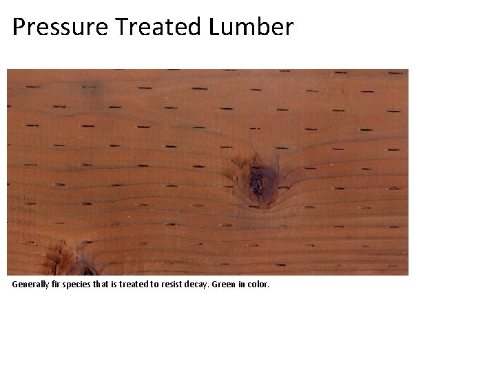 Pressure Treated Lumber Generally fir species that is treated to resist decay. Green in