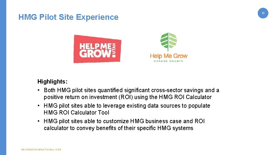HMG Pilot Site Experience Highlights: • Both HMG pilot sites quantified significant cross-sector savings