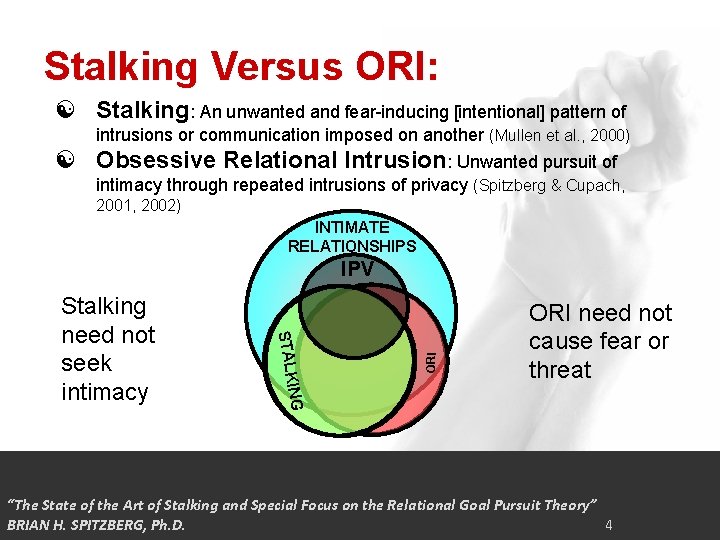 Stalking Versus ORI: Stalking: An unwanted and fear-inducing [intentional] pattern of intrusions or communication
