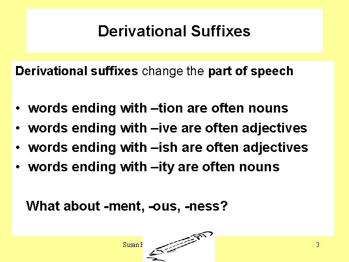 Derivational Suffixes Derivational suffixes change the part of speech • • words ending with