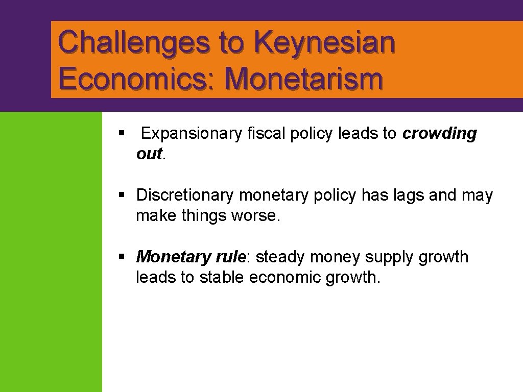 Challenges to Keynesian Economics: Monetarism § Expansionary fiscal policy leads to crowding out. §