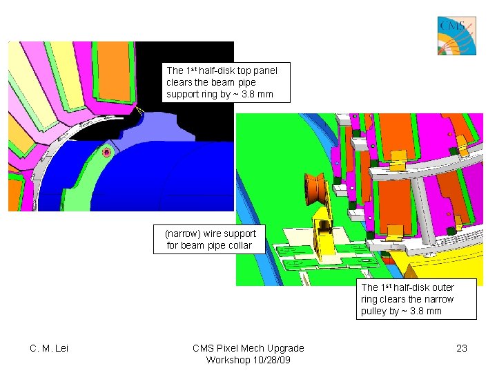 The 1 st half-disk top panel clears the beam pipe support ring by ~